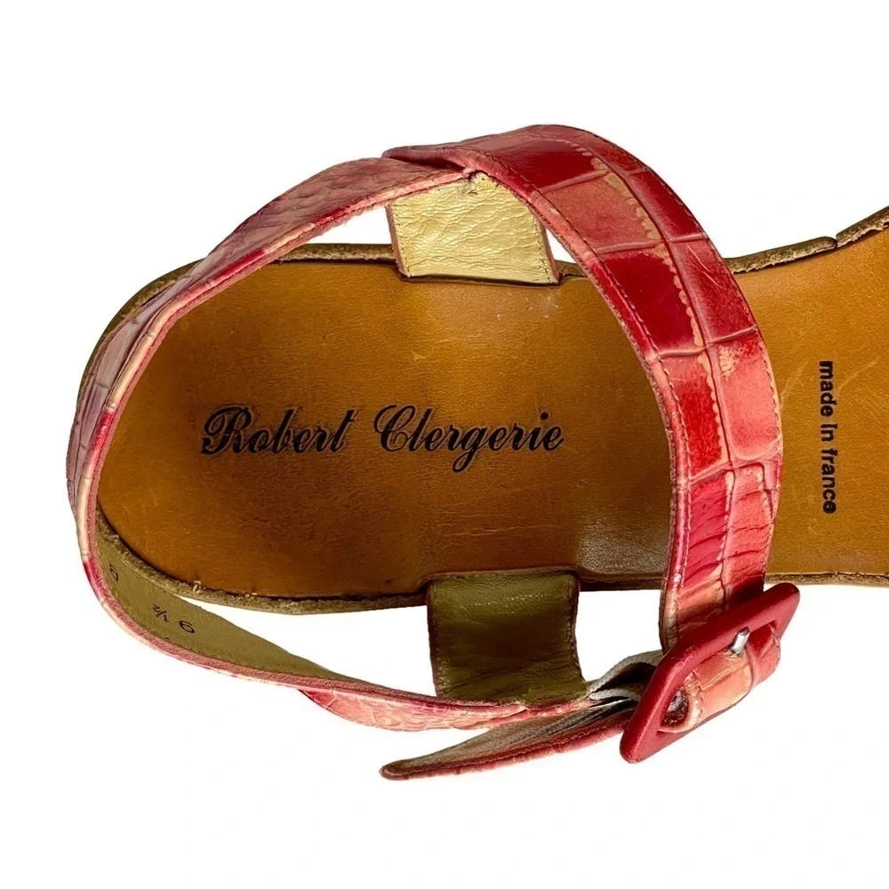 ROBERT CLERGERIE CORAL RED CROCODILE STAMPED PLATFORM WEDGE SANDALS